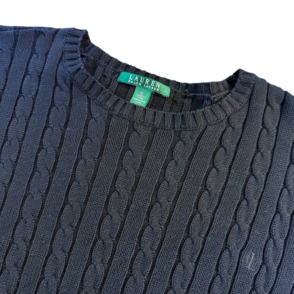 Lauren Ralph Lauren Womens XL Black Cable Knit Cotton Crew Neck Sweater Logo